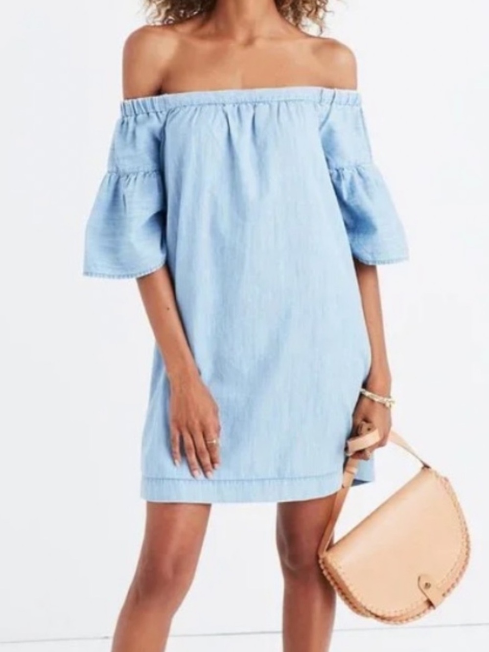 Madewell Off-Shoulder Chambray Dress in Light Blue